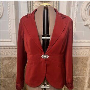 GORGEOUS Soligiani Jacket. Sz 16. Slimming Seams. Burgundy. Lace Accents. LO